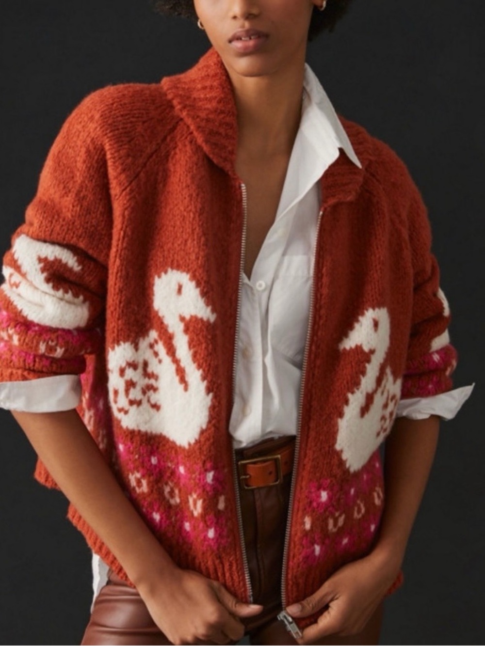 MAEVE for ANTHROPOLOGIE Zip Front Cardigan Sweater Swan Rust Orange Red